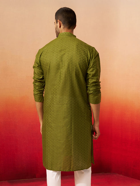Vastramay Men Mehendi Green Cotton Geometric Jacquard Kurta